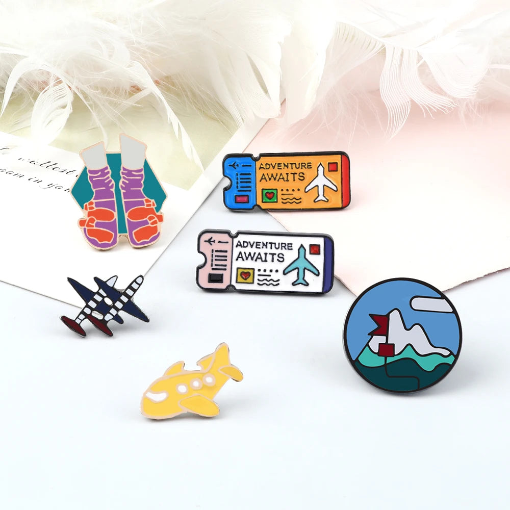 Go Travel Enamel Pins Airplane Ticket Plane Adventure Explorer Road Sign Badge Pins Travel the World Brooch Cartoon Jewelry