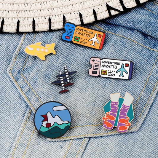 Go Travel Enamel Pins Airplane Ticket Plane Adventure Explorer Road Sign Badge Pins Travel the World Brooch Cartoon Jewelry