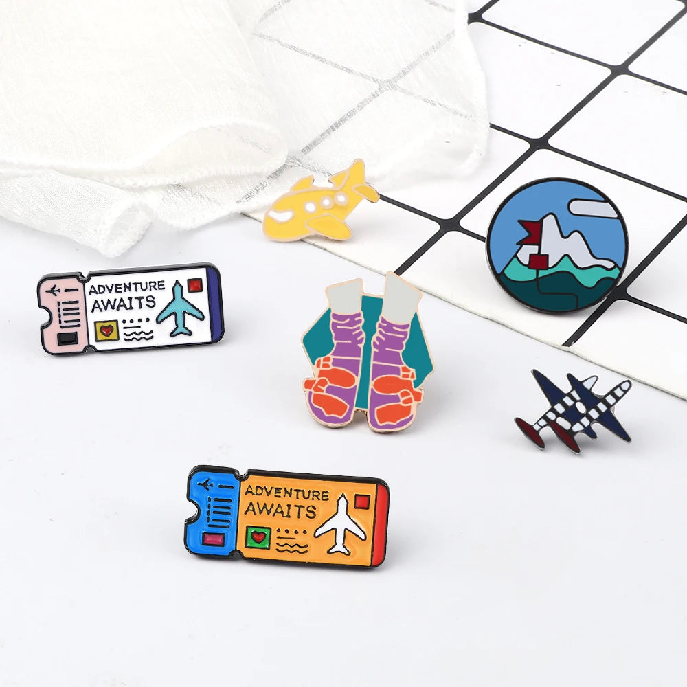 Go Travel Enamel Pins Airplane Ticket Plane Adventure Explorer Road Sign Badge Pins Travel the World Brooch Cartoon Jewelry