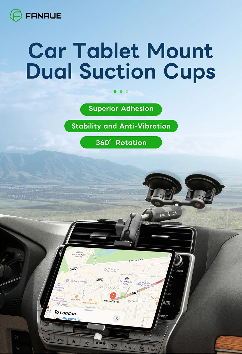 FANAUE Car Tablet Holder Suction Cup Mount with 1 inch Ball Supports for tablet Vehicle Windshields for RAM Mounts